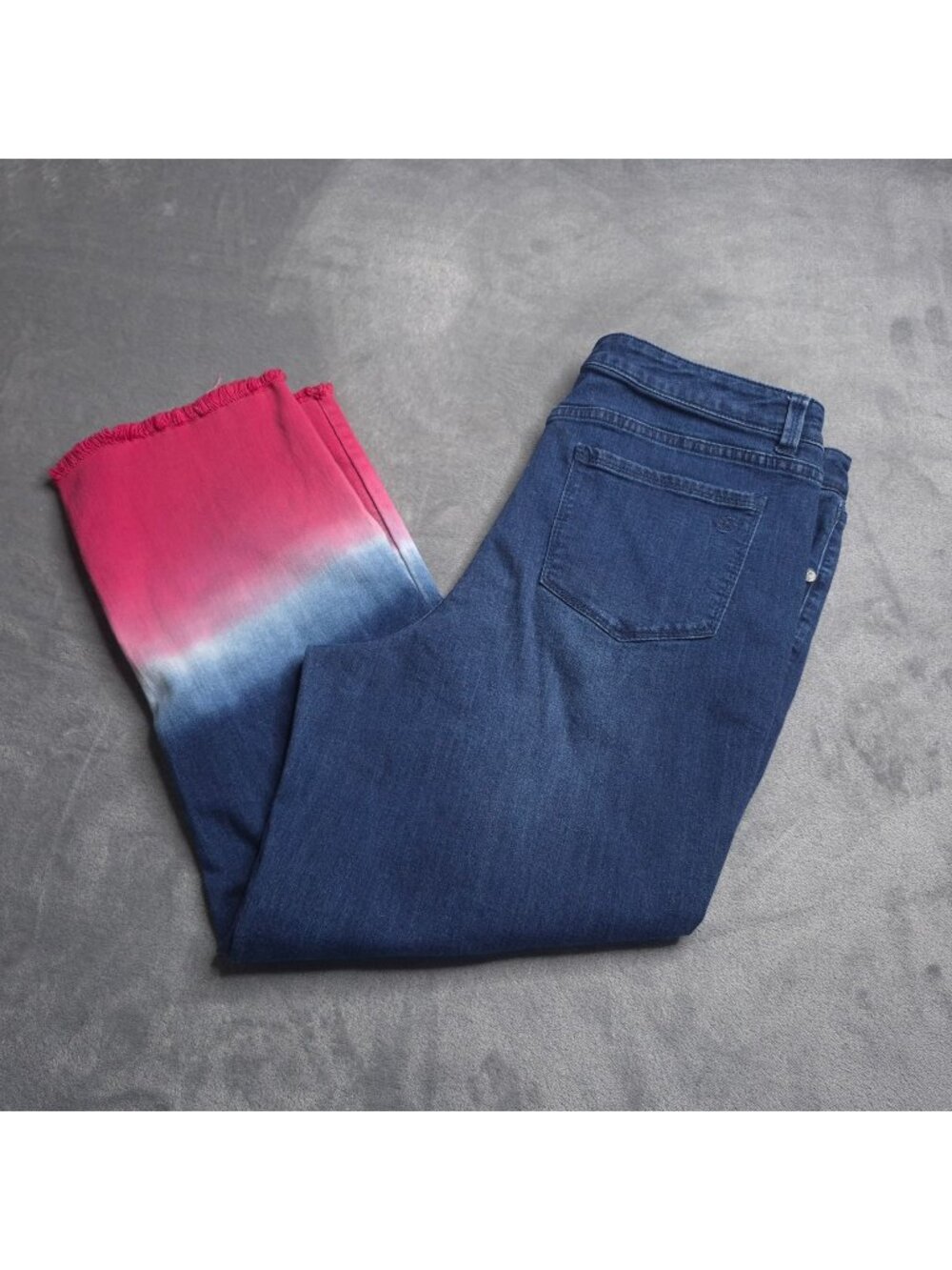 Susan Graver Womens Dip-Dye Crop Jeans 14 High Rise Patriotic Frayed Hem Stretch
